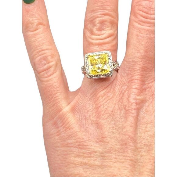 Sterling silver 925 Canary diamond princess cut CZ halo style high profile wrapp - Picture 1 of 16